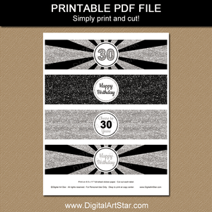 30th Birthday Water Bottle Labels Printable PDF Black Silver Glitter