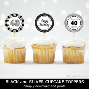 40th Birthday Cupcake Toppers Party Decorations Black Silver Glitter