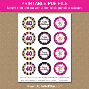 40th Birthday Cupcake Toppers Printable Fuchsia Black and Gold