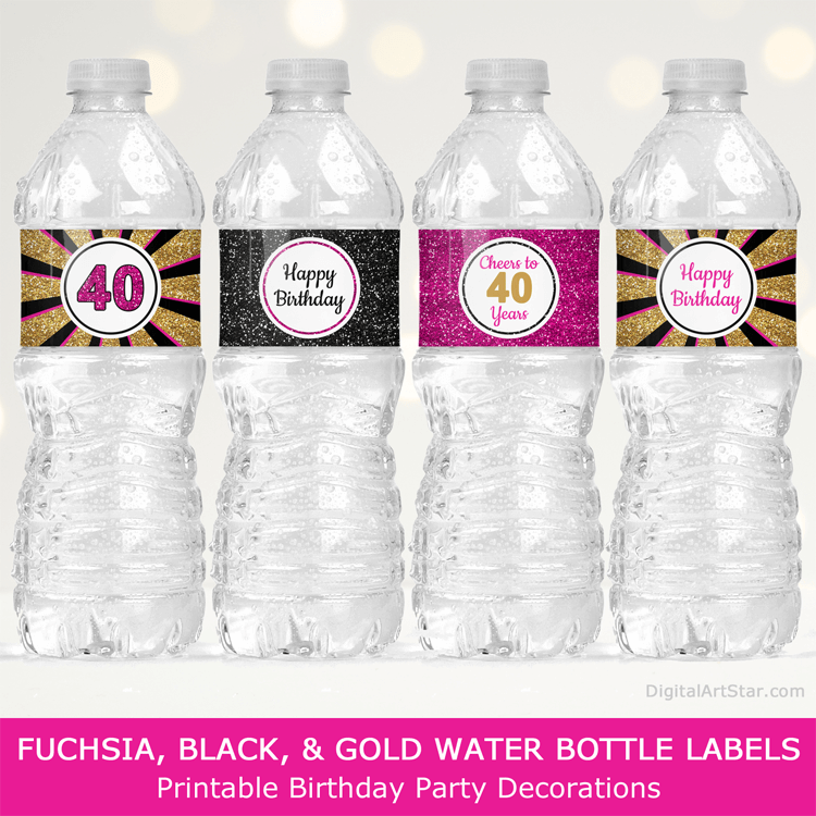 40th Birthday Water Bottle Labels 40 Happy Birthday Cheers to 40 Years in Fuchsia Black and Gold Glitter