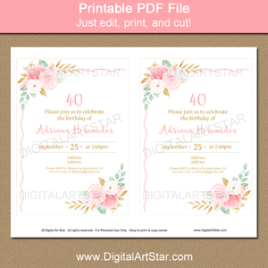 40th Floral Birthday Invite Printable PDF
