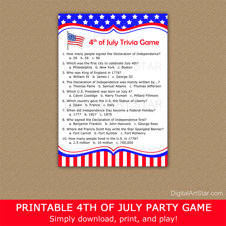 Printable 4th of July Trivia Game Stars and Stripes