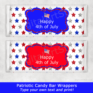 4th of July Candy Bar Wrappers with Red, White, and Blue Glitter Stars