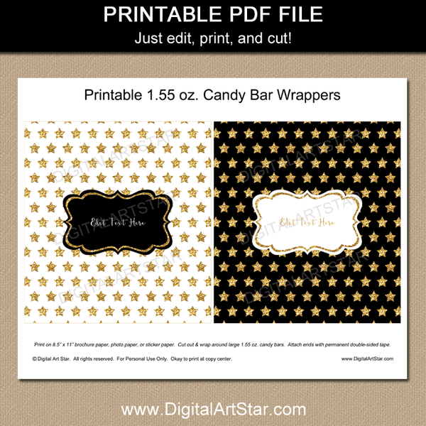 Black White Gold Candy Bar Wrappers with Gold Stars | Digital Art Star