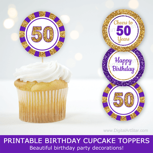 50th Birthday Cupcake Toppers in Purple and Gold Glitter