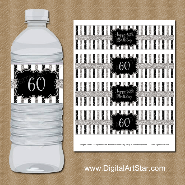 60th Birthday Printable Water Bottle Labels Black and Silver Instant Download