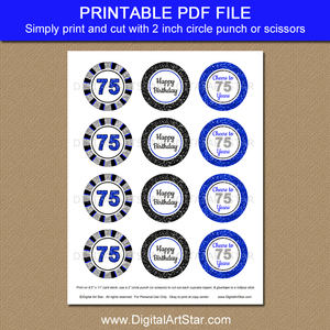 75th Birthday Cupcake Toppers Printable PDF in Royal Blue Black and Silver