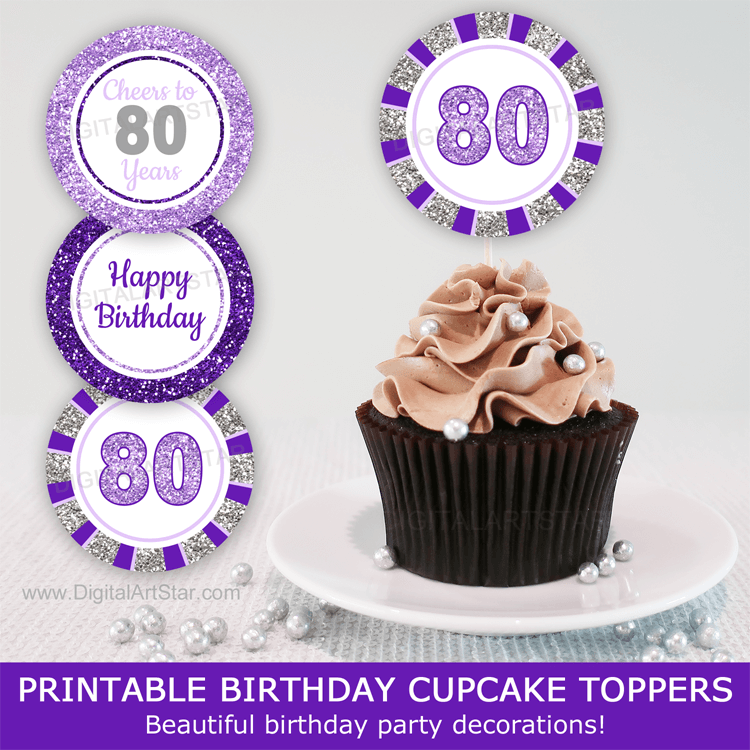 80th Birthday Cupcake Picks Purple Lavender Silver Glitter
