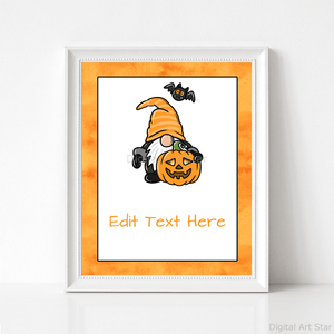 8x10 Halloween Sign Template with Gnome, Pumpkin, and Bat
