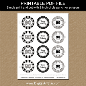90th birthday cupcake toppers for men or women printable pdf in black and silver