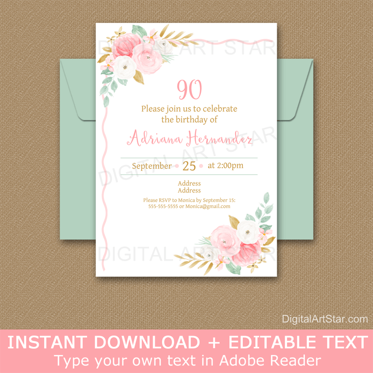 90th Birthday Floral Invitation Template Pink Gold Mint Green White