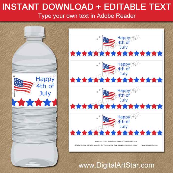 American Flag Water Bottle Labels Instant Download