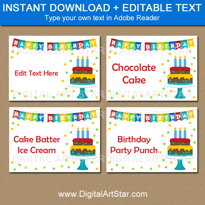 Editable Labels for Birthday Party Buffet