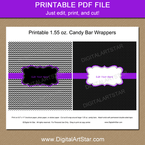 Black White Purple Candy Bar Wrappers Template Printable PDF