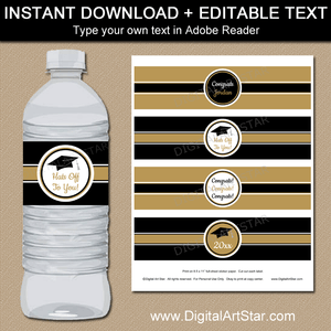Graduation Instant Download Water Bottle Labels in Black and Gold