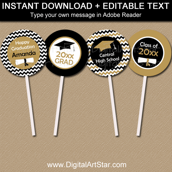 Black Gold White Graduation Cupcake Toppers Decorations