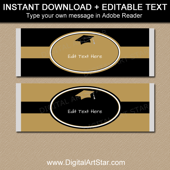 Black and Gold Graduation Candy Bar Wrappers Editable Template