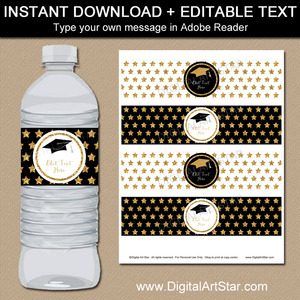 Black and Gold Graduation Water Bottle Decor with Stars
