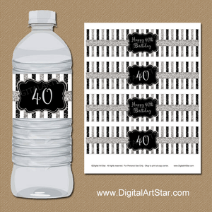 Black and Silver 40th Birthday Water Bottle Labels Instant Download
