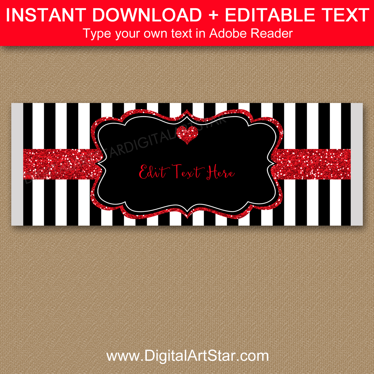 Black and White Candy Bar Wrappers with Red Glitter Accents