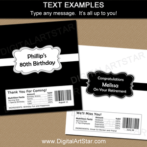 Black and White Party Favor Candy Bar Wrappers Editable Template