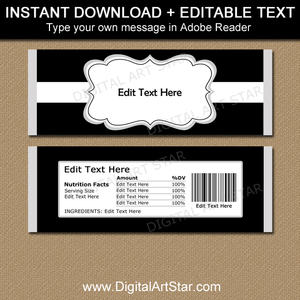 Black and White Printable Candy Bar Wrappers Editable Template