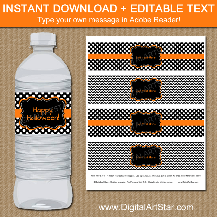 Black and White Halloween Water Bottle Labels Editable Template