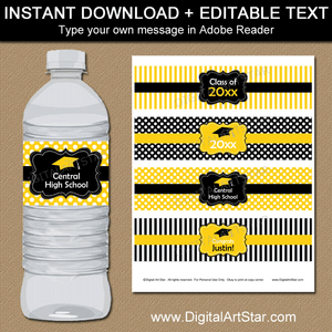 Black and Yellow Graduation Water Bottle Label Printable