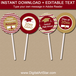 Burgundy and Gold Graduation Cupcake Toppers Template Download