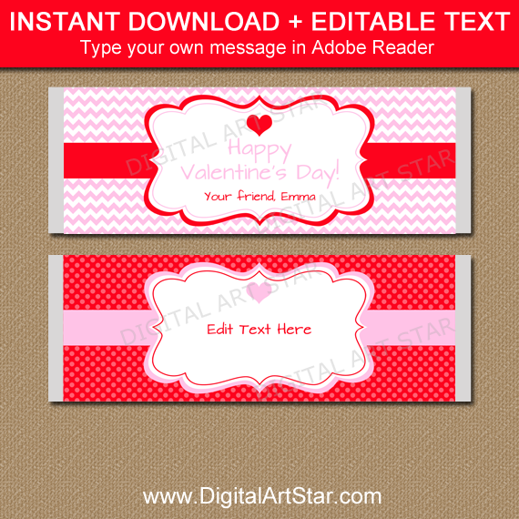 Candy Bar Wrapper Template for Valentines Day in Pink and Red