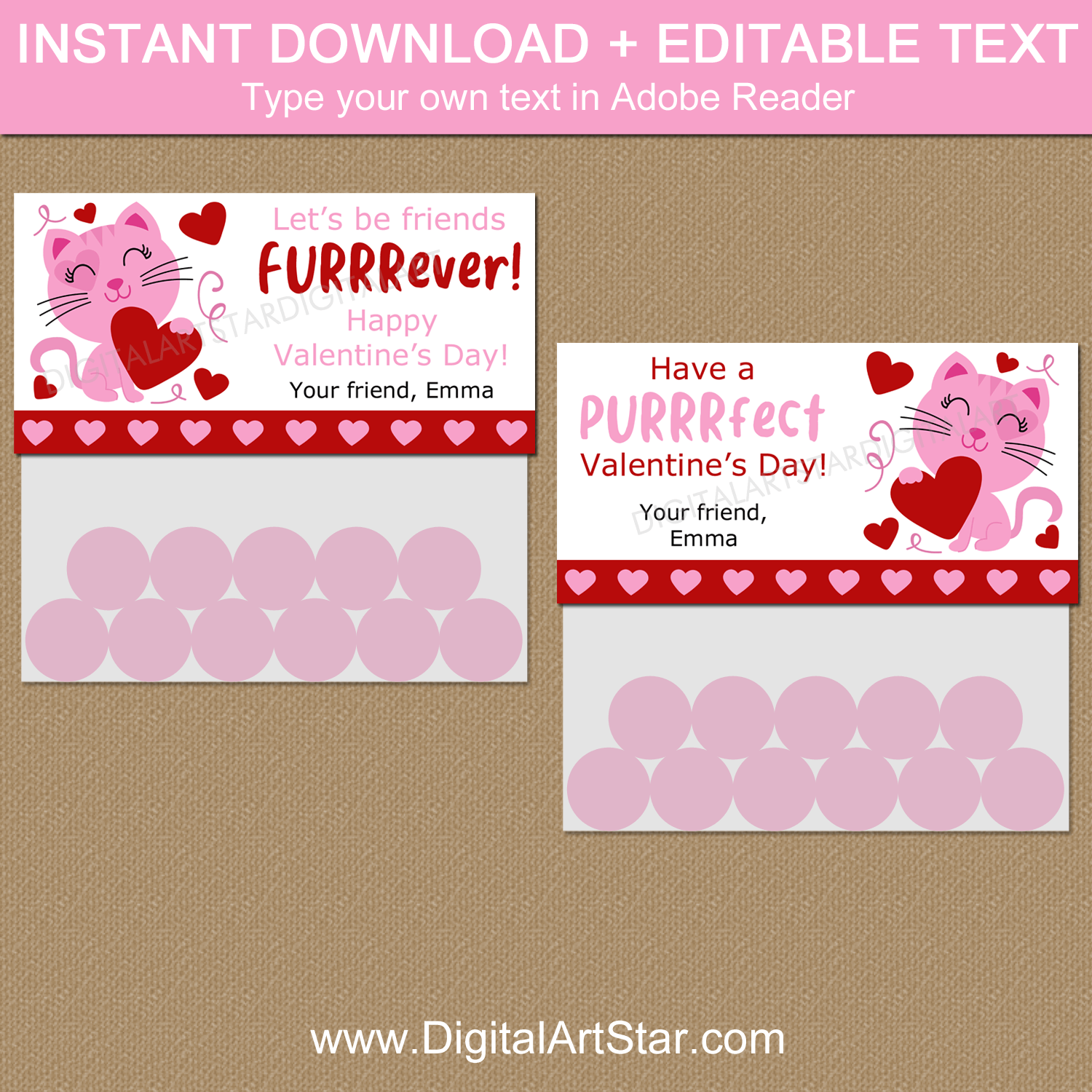 Cat Valentines Day Editable Treat Bag Topper Template