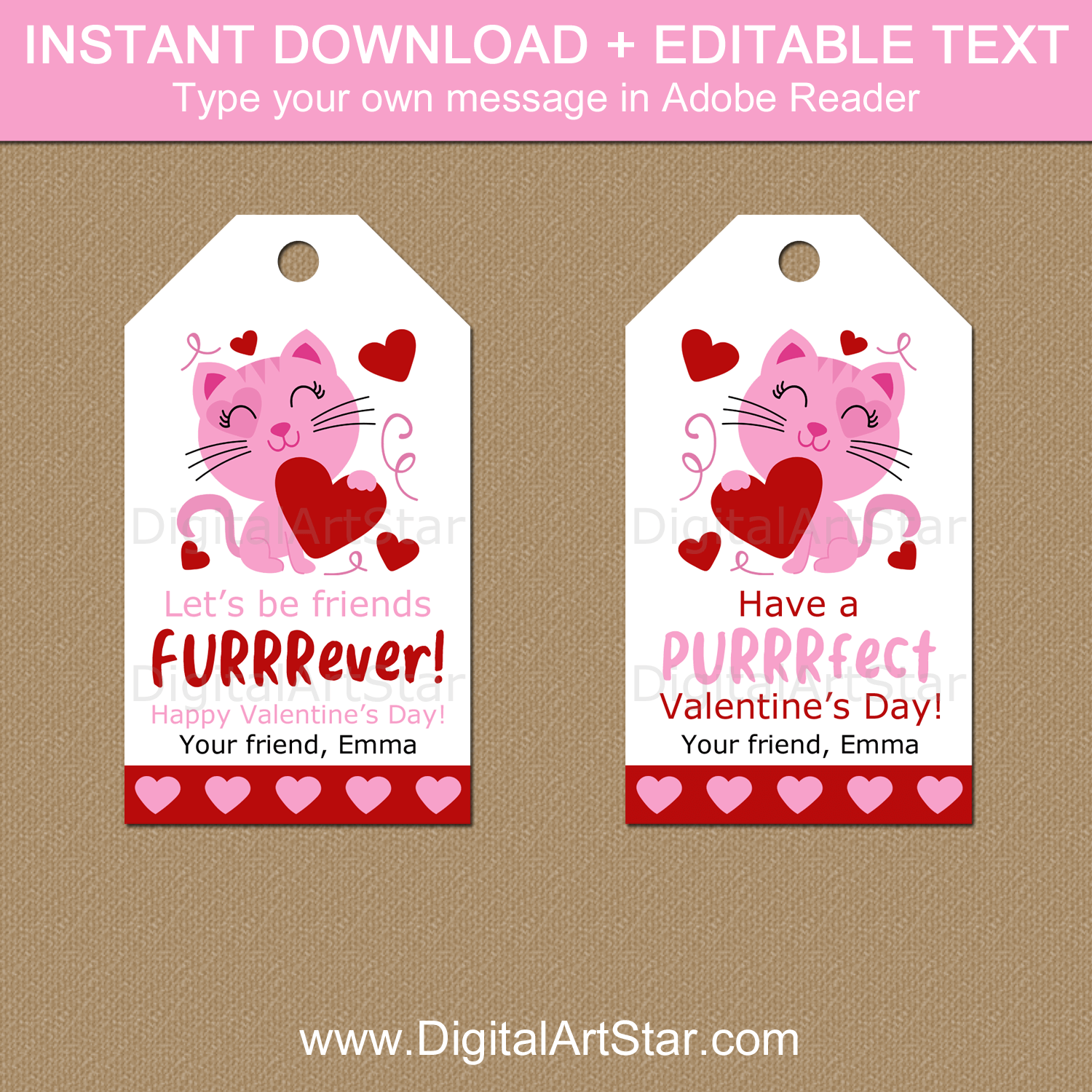 Cat Valentine's Day Tags Printable with Editable Text