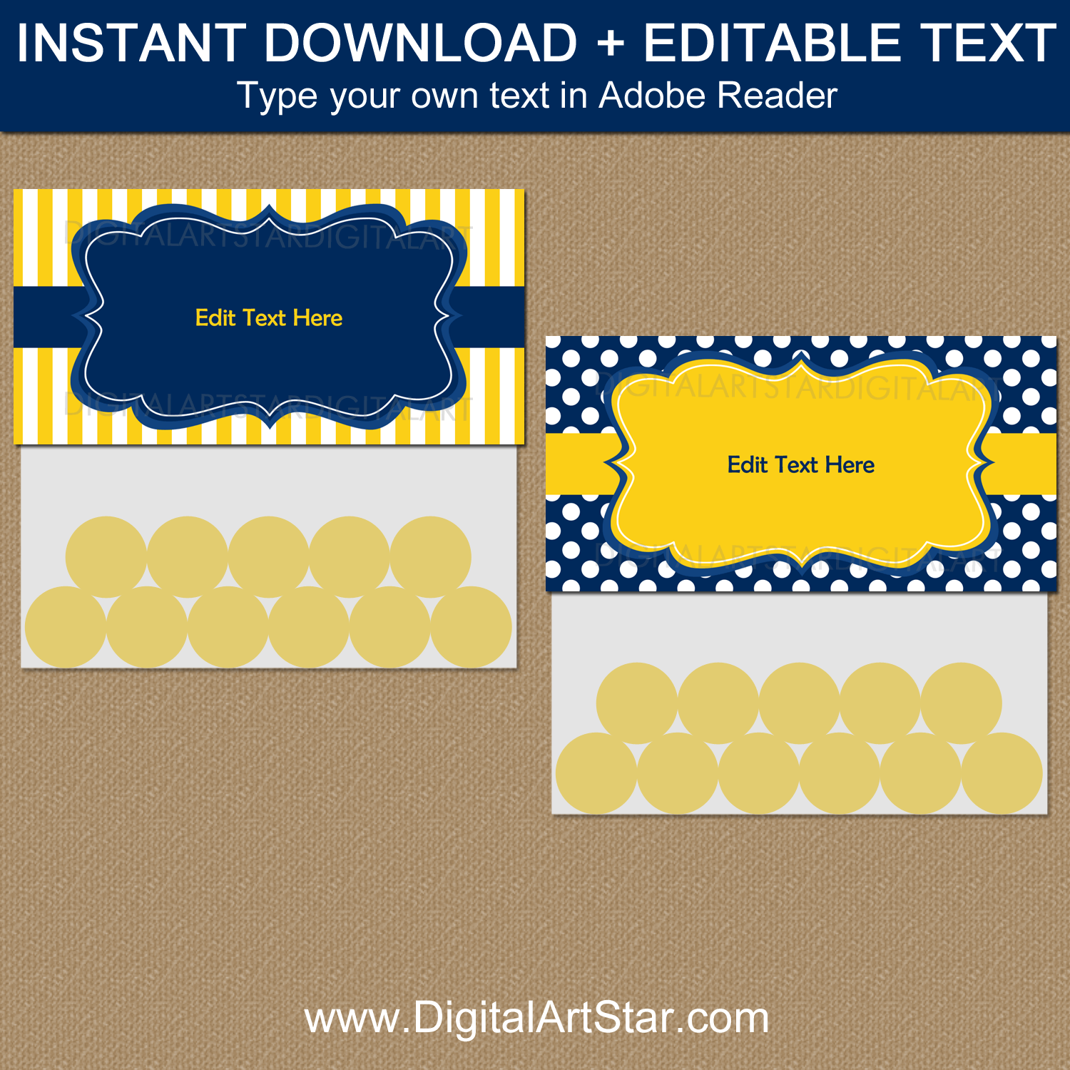 Downloadable Navy Blue and Yellow Goodie Bag Toppers Template