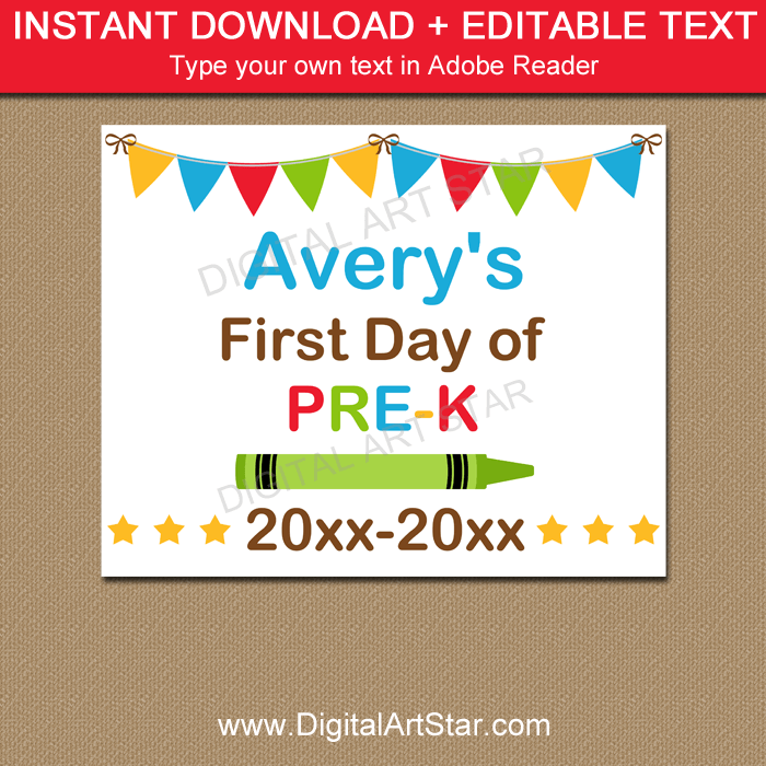 Editable First Day of Pre-K Sign Printable with Crayon