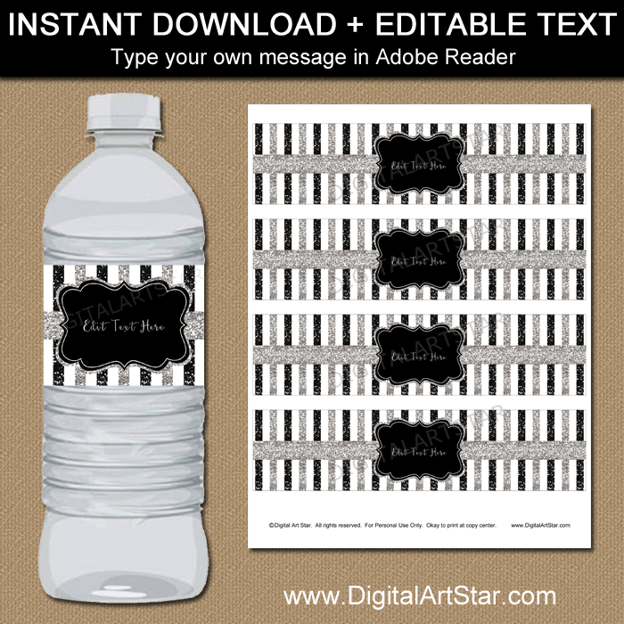 Editable Black and Silver Water Bottle Labels
