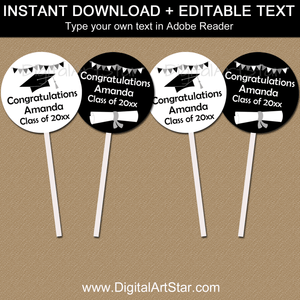 Editable Graduation Cupcake Toppers Black and White