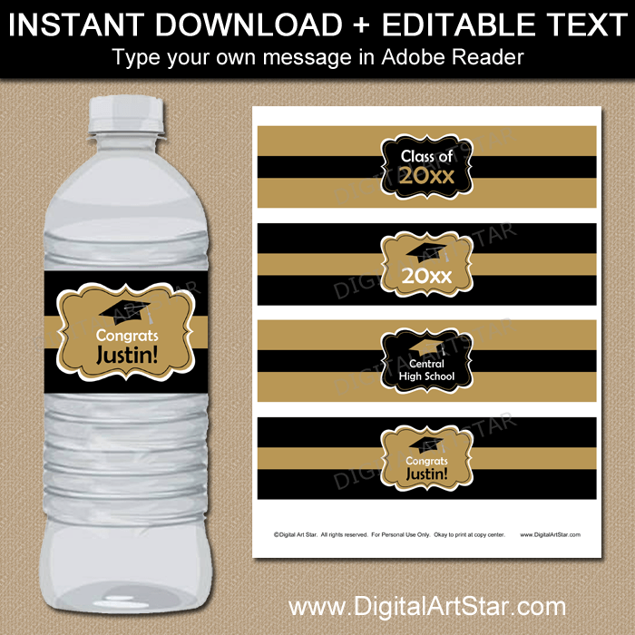 Editable Graduation Water Bottle Labels Black and Gold