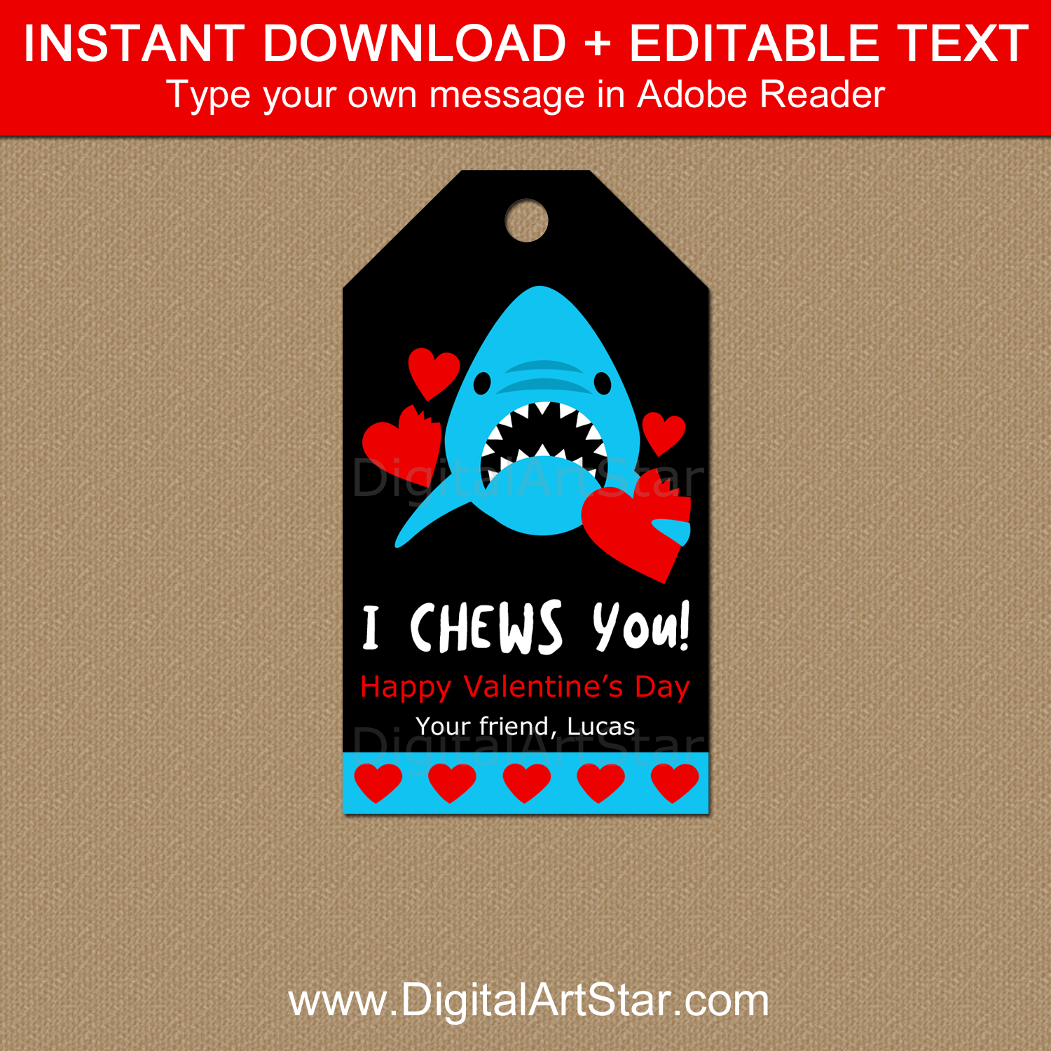 Editable Valentine Tag with Shark