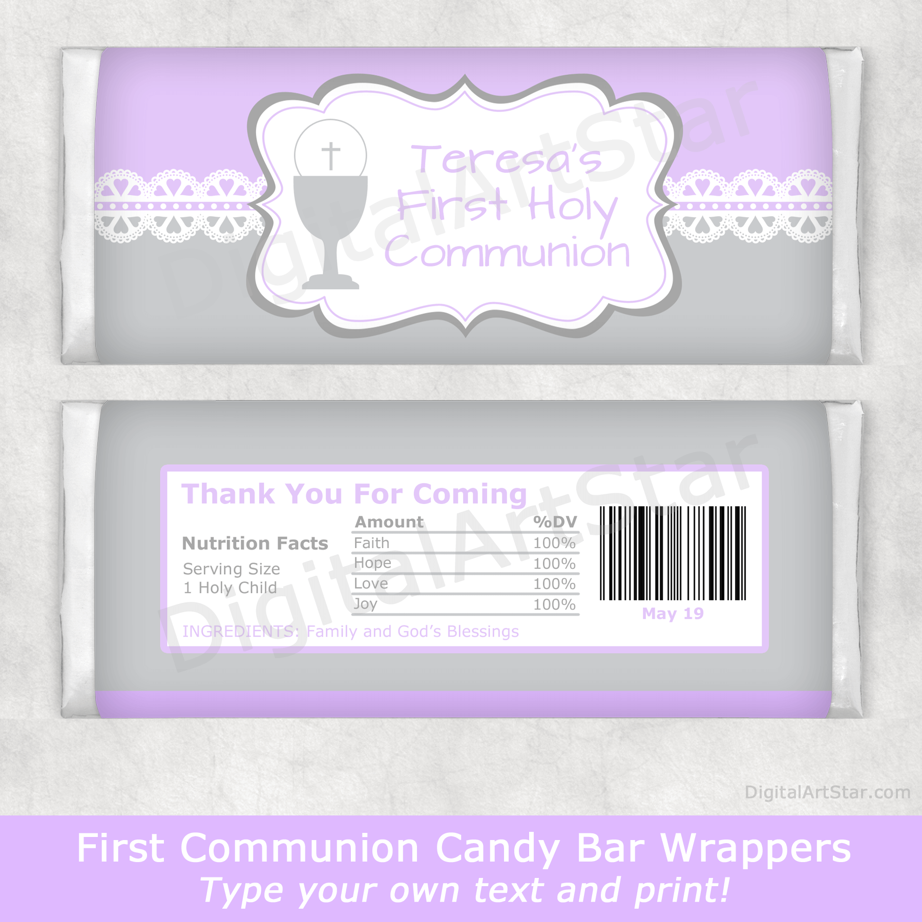 Lavender and Silver Communion Candy Bar Wrappers
