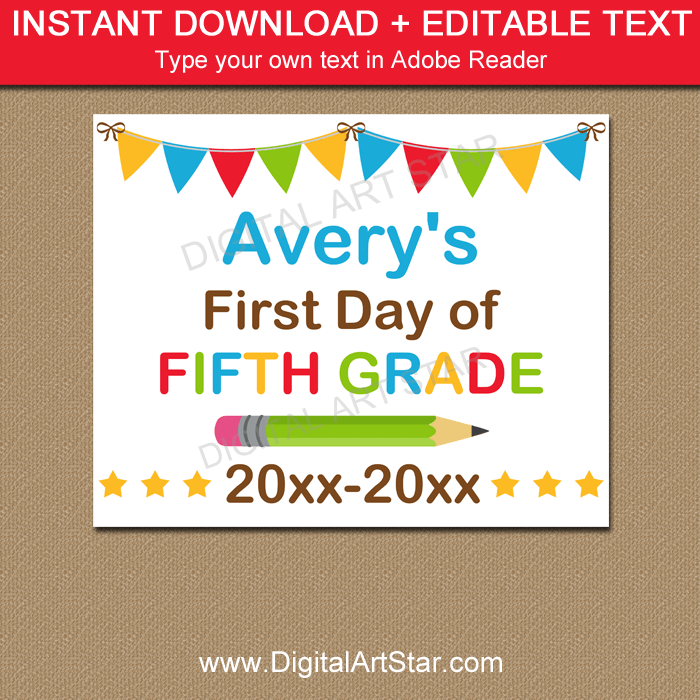 First Day of Fifth Grade Sign Editable PDF
