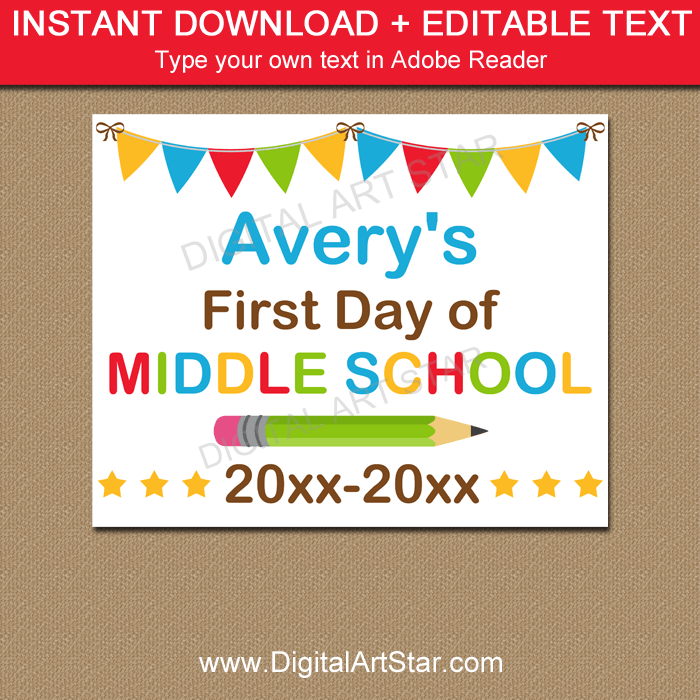 First Day of Middle School Sign Printable with Editable Text