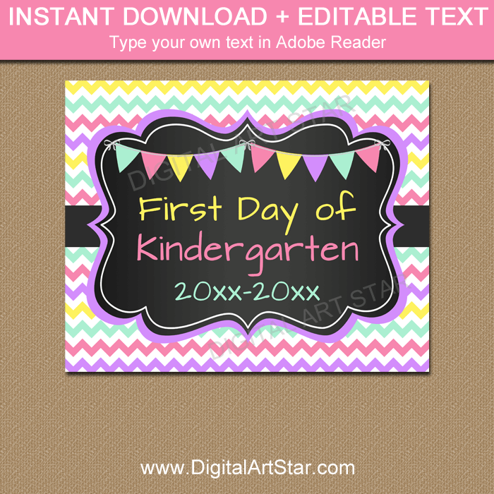 First Day of Kindergarten Sign in Pink, Purple, Mint, Yellow
