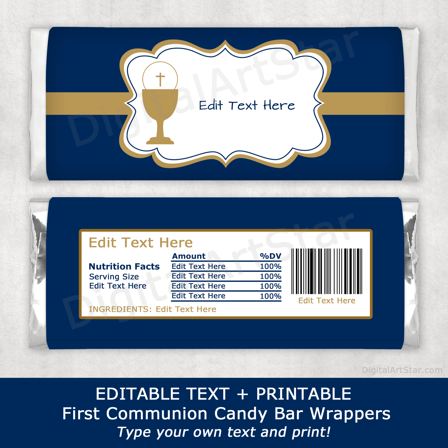 First Communion Boy Candy Bar Wrappers in Navy Blue and Gold