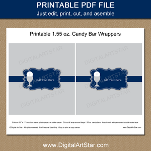 Printable First Communion Candy Wrappers Navy Blue and Gray
