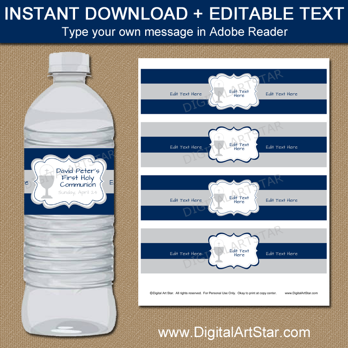 Navy First Communion Water Bottle Labels 