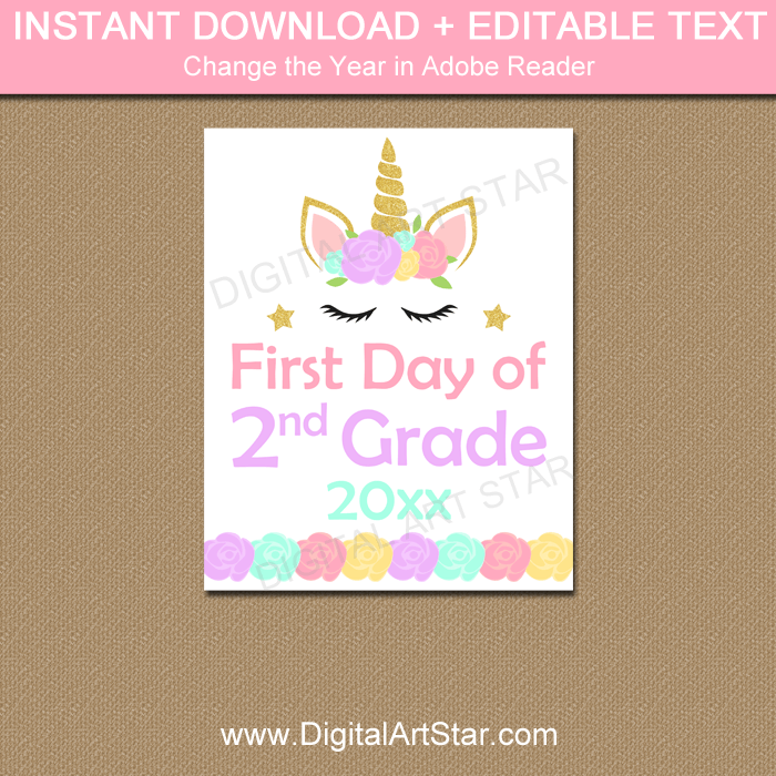 First Day of Second Grade Unicorn Sign Printable