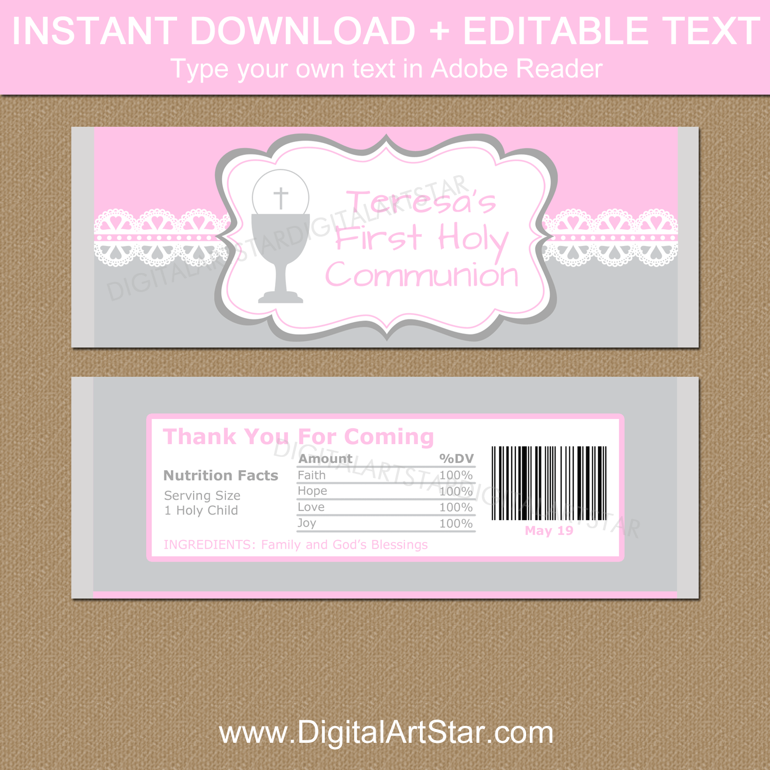 Editable First Communion Candy Bar Wrapper Template for Girl