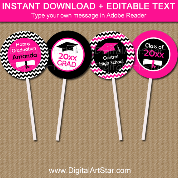 Girl Graduation Cupcake Toppers Hot Pink Black White