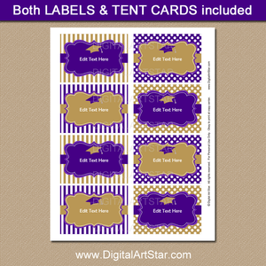 Printable Graduation Food Labels in Purple, Gold, White