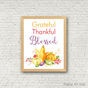 Grateful Thankful Blessed Wall Art with Gourds